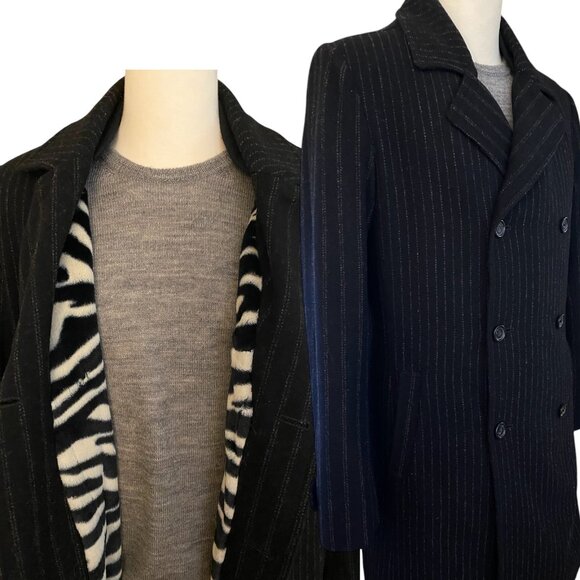 Marc Ecko Double Breasted Chalk Striped Wool Overcoat 40L Heavy Fleece-Lining - Picture 1 of 16